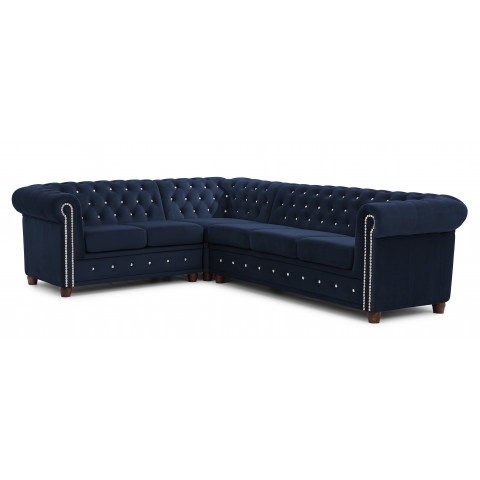 Granatowy narożnik Chesterfield FELIX BLINK 2+E+3 – pikowany sześcioosobowy model z kryształkami