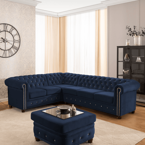 Granatowy narożnik Chesterfield FELIX BLINK 2+E+3 – pikowany sześcioosobowy model z kryształkami