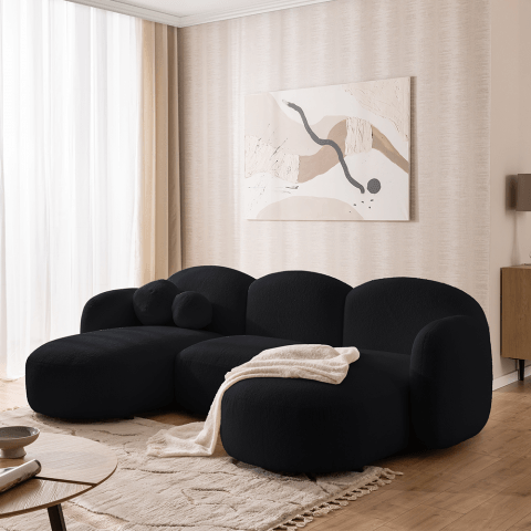 Elegancki czarny narożnik do salonu Bloop U-kształtny - tkanina baranek