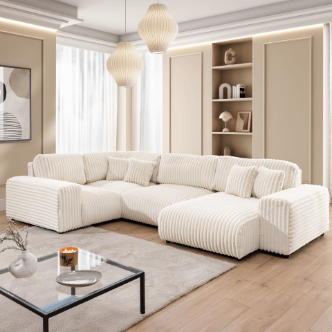 Nowoczesny duży narożnik Candi w kształcie U – beżowy sztruks do salonu