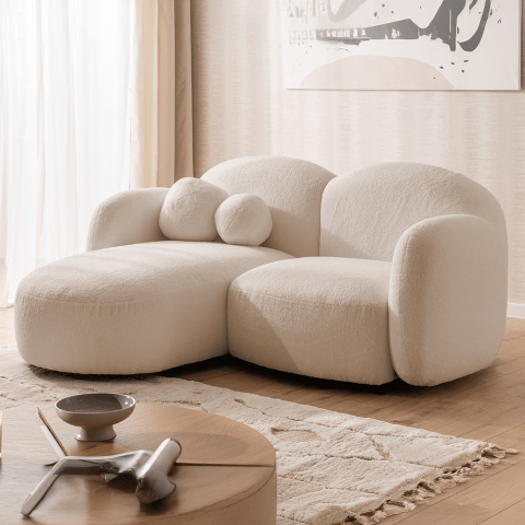 Przytulny beżowy Narożnik Bloop – Obły Kształt, Tkanina Boucle Baranek