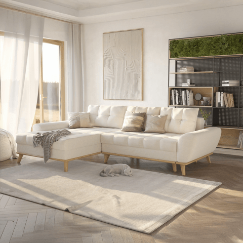 Narożnik z funkcją spania nowoczesny beżowy GAMBO – styl skandynawski