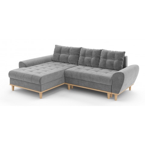 Narożnik szary GAMBO z funkcją spania na wysokich drewnianych nóżkach