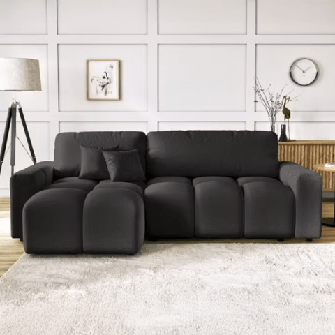 Czarny rozkładany narożnik VEGA z funkcją spania i pojemnikiem na pościel