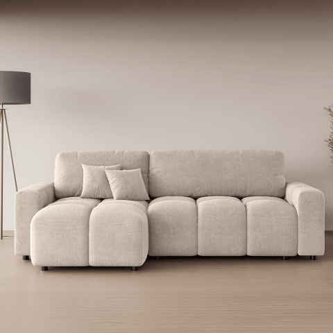 Beżowy rozkładany narożnik VEGA z funkcją spania i pojemnikiem na pościel