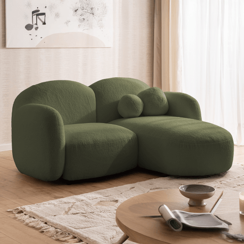 Zielony mały narożnik do salonu Bloop – tkanina boucle, kształt L