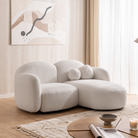 Biały mały narożnik Bloop – kompaktowy L-kształtny, tkanina boucle