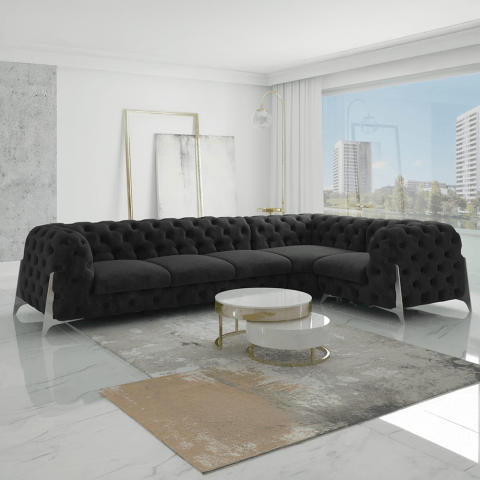 Czarny narożnik pikowany chesterfield glamour KALIFORNIA 3+E+1
