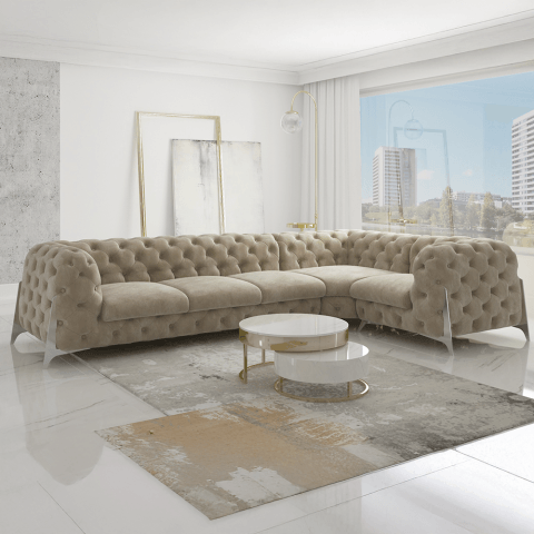 Beżowy duży narożnik pikowany chesterfield KALIFORNIA 3+E+1