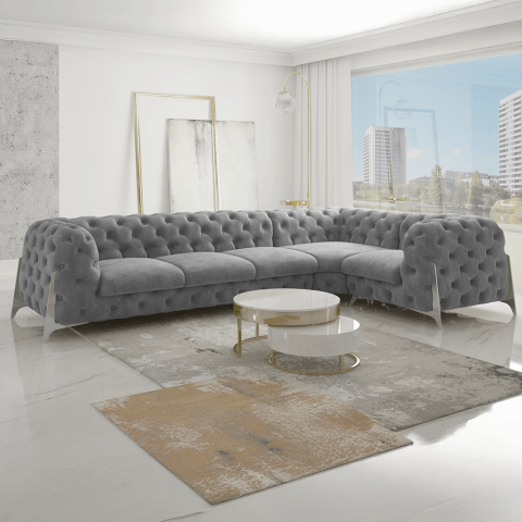 Szary duży narożnik pikowany chesterfield KALIFORNIA 3+E+1