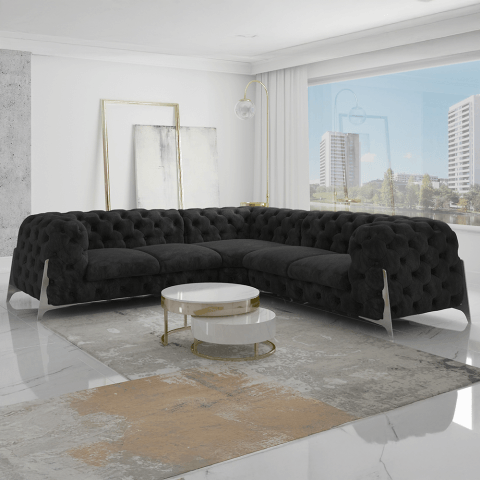 Czarny duży narożnik na wysokich nóżkach pikowany Chesterfield KALIFORNIA 2+E+2