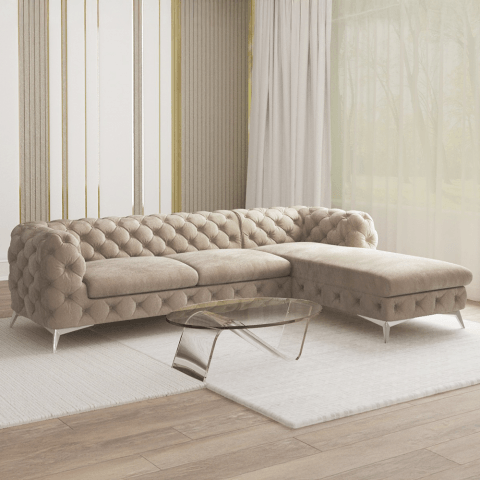 Narożnik szaro-beżowy pikowany glamour Chesterfield TEO 2,5+OT