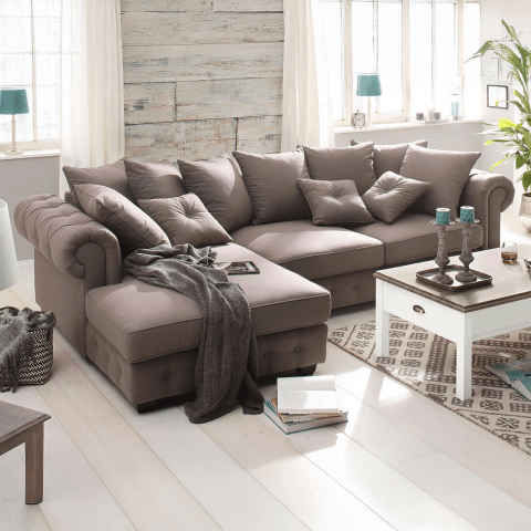 Wygodny narożnik glamour LUZERN – brązowy kolor, elegancki do salonu