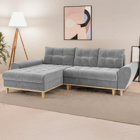 Narożnik szary GAMBO z funkcją spania na wysokich drewnianych nóżkach