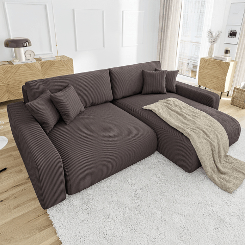 Rozkładany narożnik Sergio L– brązowy z funkcją spania, tkanina sztruksowa