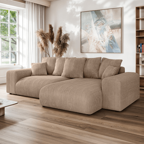 Brązowy narożnik w sztruksie z funkcją spania Cleo w kształcie L