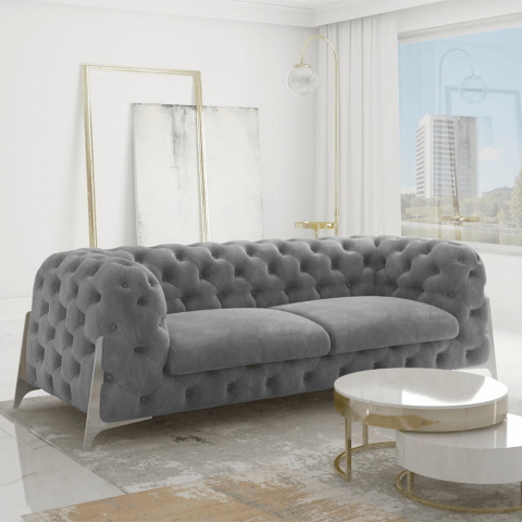 Szara sofa trzyosobowa pikowana Chesterfield na metalowych nóżkach KALIFORNIA 3
