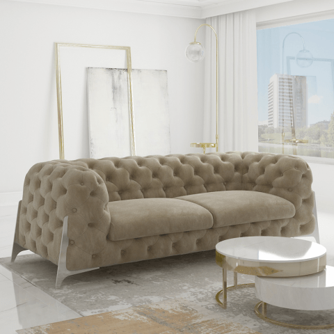 Wygodna sofa beżowa welurowa, trzyosobowa pikowana KALIFORNIA 3