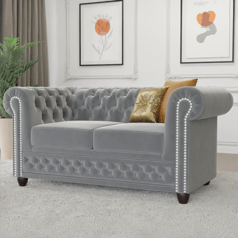 Elegancka sofa dwuosobowa welurowa szara pikowana Chesterfield FELIX 2