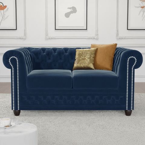 Kompaktowa sofa dwuosobowa welurowa granatowa pikowana Chesterfield FELIX 2