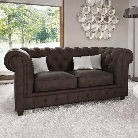 Brązowa sofa welurowa do salonu dwuosobowa pikowana Chesterfield SOLARIS 2