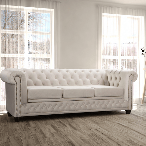 Wygodna sofa do salonu, trzyosobowa pikowana Chesterfield FELIX 3 - Jasny beż