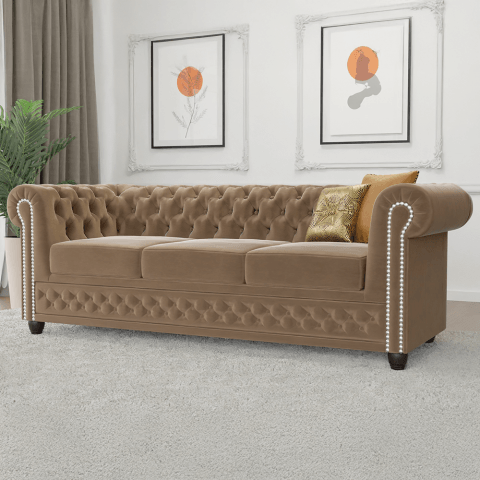 Beżowa welurowa sofa trzyosobowa pikowana na drewnianych nóżkach Chesterfield FELIX 3