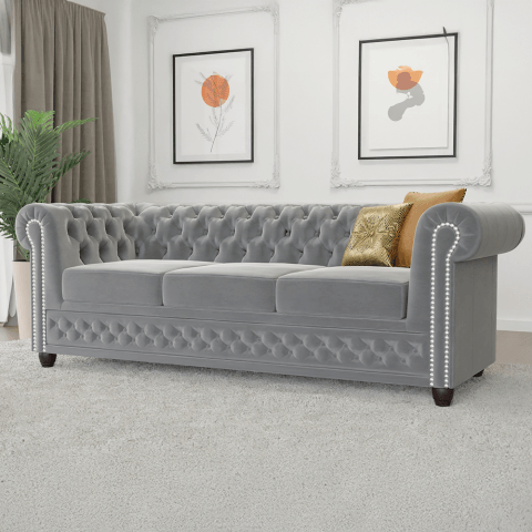 Szara sofa trzyosobowa pikowana idealna do salonu Chesterfield FELIX 3