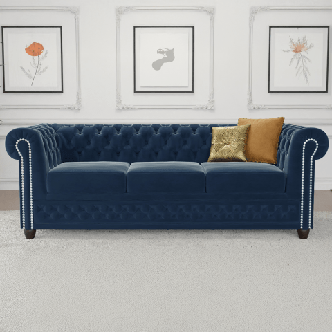 Sofa welurowa pikowana trzyosobowa Chesterfield FELIX 3 Granatowa