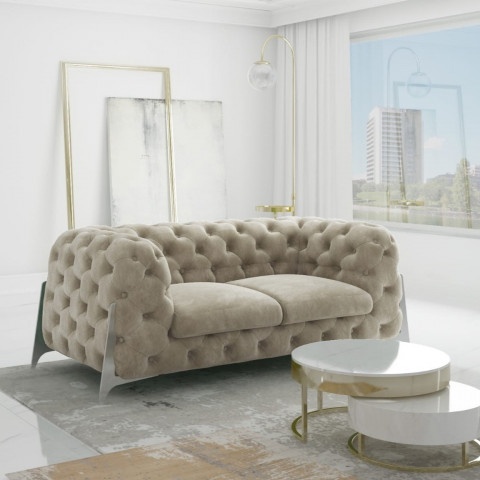 Mała sofa jasnobeżowa dwuosobowa pikowana glamour Chesterfield KALIFORNIA 2