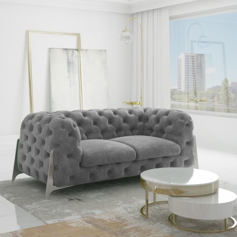 Szara sofa dwuosobowa pikowana glamour Chesterfield KALIFORNIA 2 - Idealna do salonu