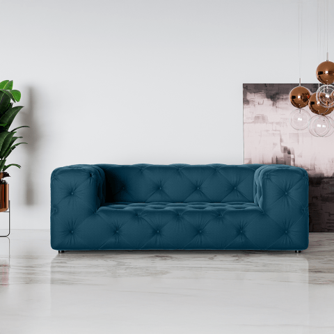 Komfortowa granatowa sofa dwuosobowa pikowana Chesterfield BENTLEY