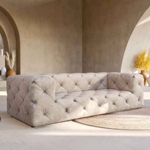 BENTLEY – sofa trzyosobowa pikowana premium Chesterfield w kolorze beżowym