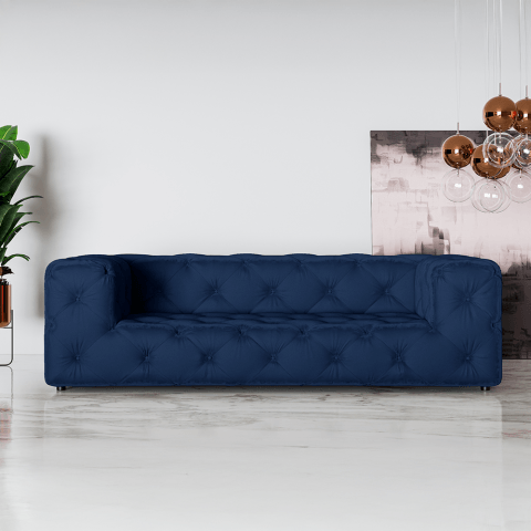 Sofa trzyosobowa w kolorze granatowym pikowana Chesterfield Bentley