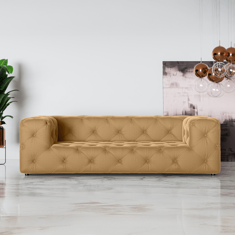 Złota sofa BENTLEY – trzyosobowa, pikowana, styl Chesterfield, premium