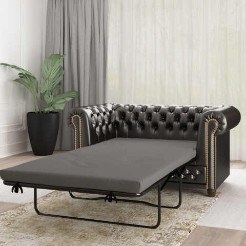 Elegancka sofa Chesterfield FELIX 2 – czarna ekoskóra, 2-osobowa, rozkładana