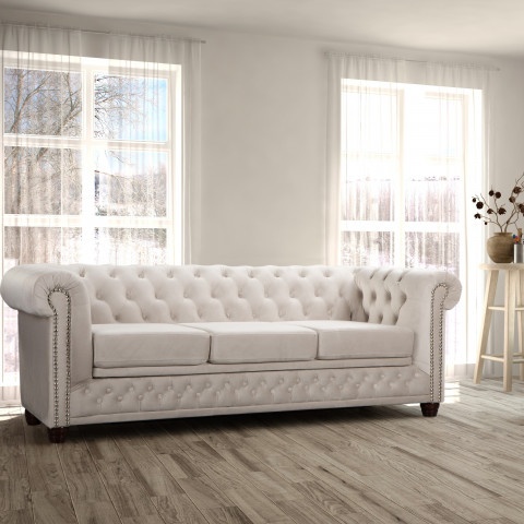 Sofa FELIX 3 – beżowy welur, styl Chesterfield, trzyosobowa z funkcją spania