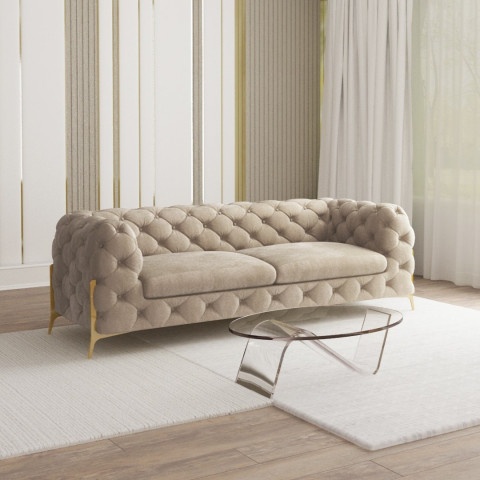 Stylowa sofa 3-osobowa Chesterfield pikowana TEO HIGH 2,5 – szaro-beżowa tapicerka