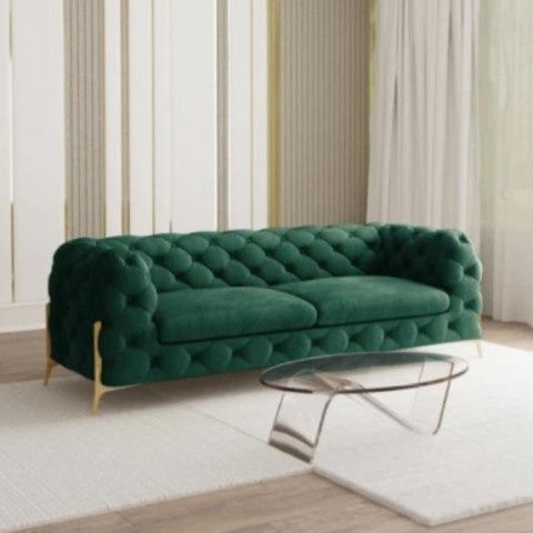 Pikowana sofa glamour Chesterfield TEO HIGH 2,5 – elegancka butelkowa zieleń