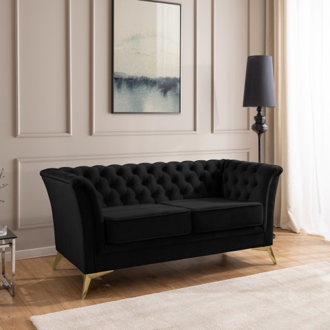 Czarna sofa Chesterfield HASSO BIS – pikowana, na wysokich metalowych nogach