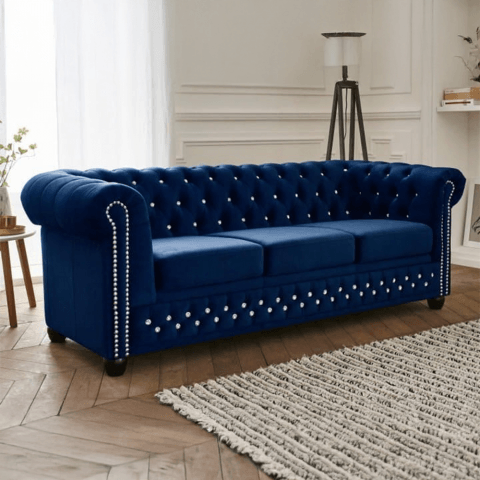 Ciemnoniebieska sofa FELIX BLINK 3  z kryształkami – styl Chesterfield, elegancja i komfort