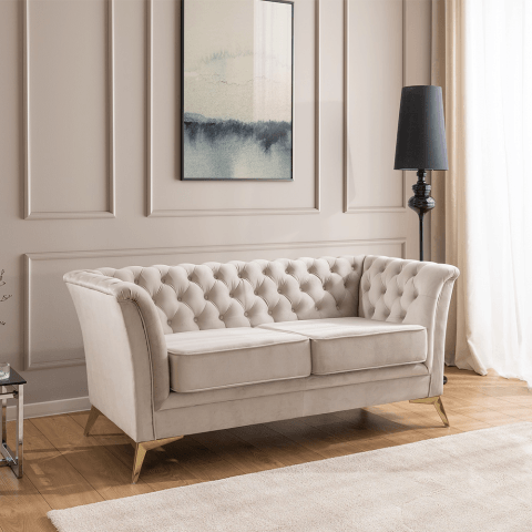 Sofa dwuosobowa pikowana HASSO BIS beżowa, na metalowych nogach