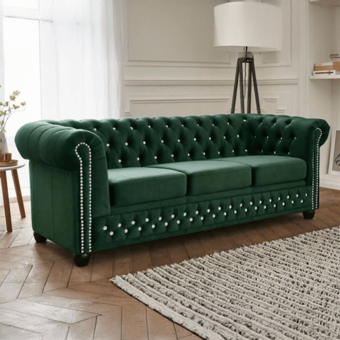 Sofa FELIX BLINK 3 Chesterfield – butelkowa zieleń, pikowania z kryształkami