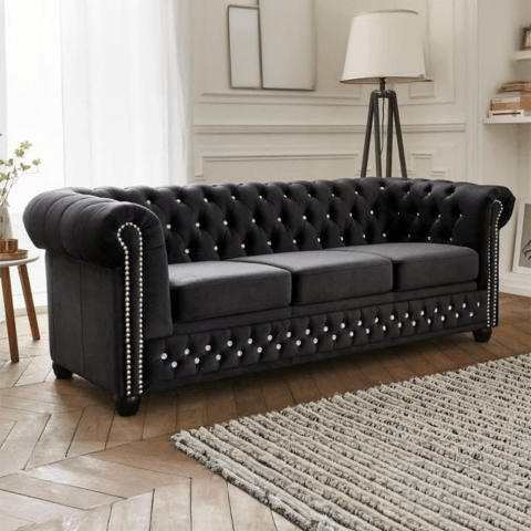 Pikowana sofa FELIX BLINK 3 – grafitowa wersja z kryształkami w stylu Chesterfield