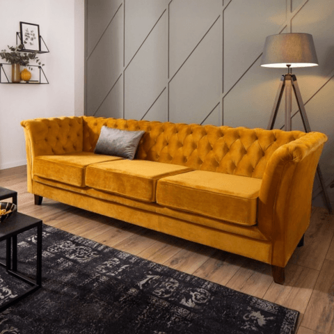 Wygodna sofa trzyosobowa pikowana Chesterfield HASSO 3 – musztardowy kolor