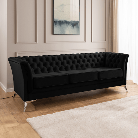 Sofa pikowana czarna – Chesterfield trzyosobowa HASSO BIS z wysokimi nogami