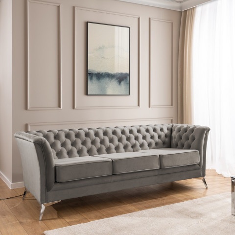 Chesterfield szara HASSO BIS – klasyczna sofa trzyosobowa na metalowych nogach