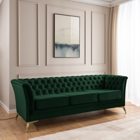 Pikowana sofa Chesterfield butelkowa zieleń – model HASSO BIS, trzyosobowa