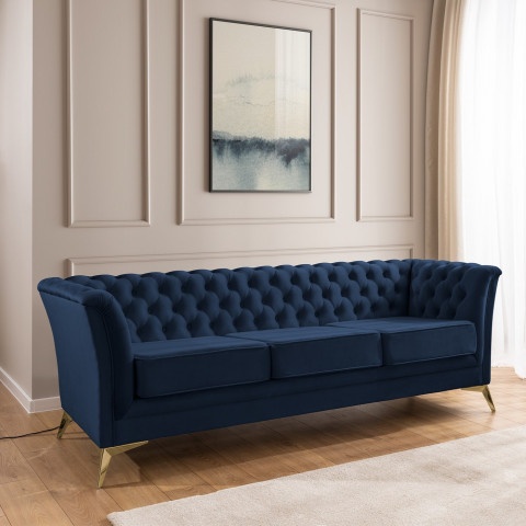 Sofa trzyosobowa granatowa pikowana Chesterfield HASSO BIS – wygodna, elegancka