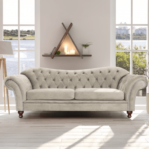 Wygodna szara sofa trzyosobowa Paris Chesterfield– idealna do każdego wnętrza